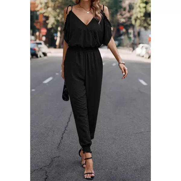 imagePRETTYGARDEN Jumpsuit for Women Casual Wrap V Neck Cold Shoulder One Piece Outfits Pants RomperBlack