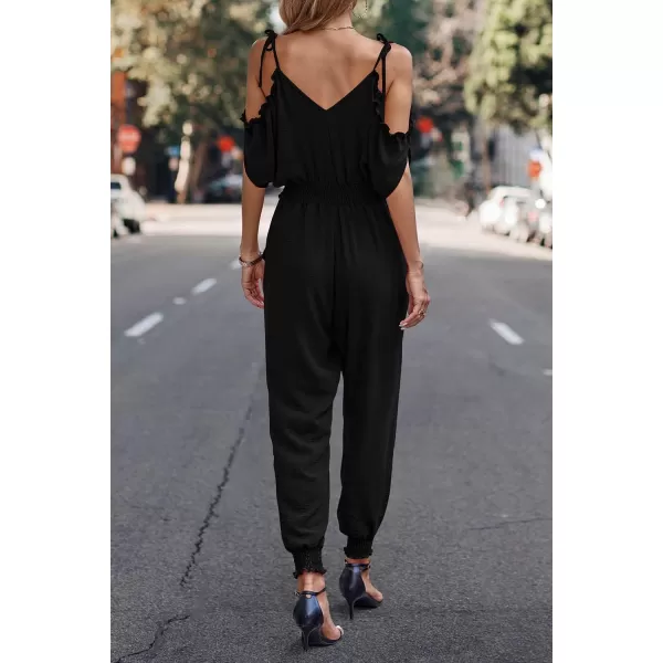 imagePRETTYGARDEN Jumpsuit for Women Casual Wrap V Neck Cold Shoulder One Piece Outfits Pants RomperBlack