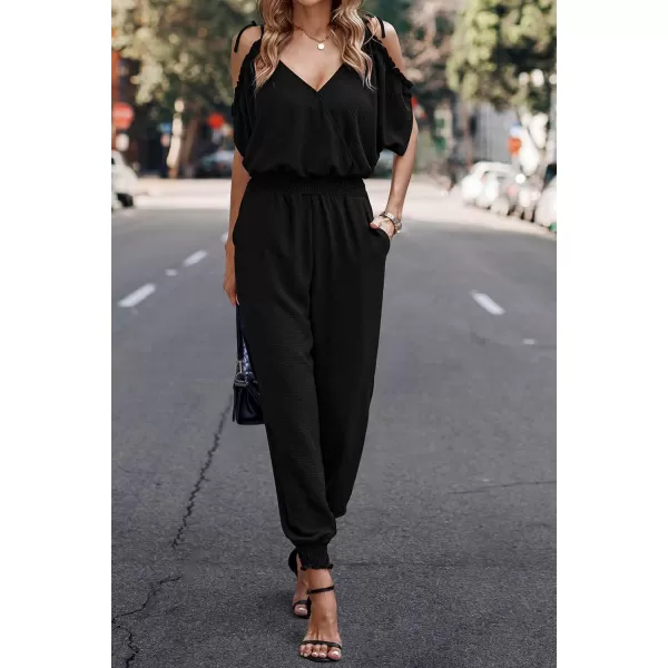 imagePRETTYGARDEN Jumpsuit for Women Casual Wrap V Neck Cold Shoulder One Piece Outfits Pants RomperBlack