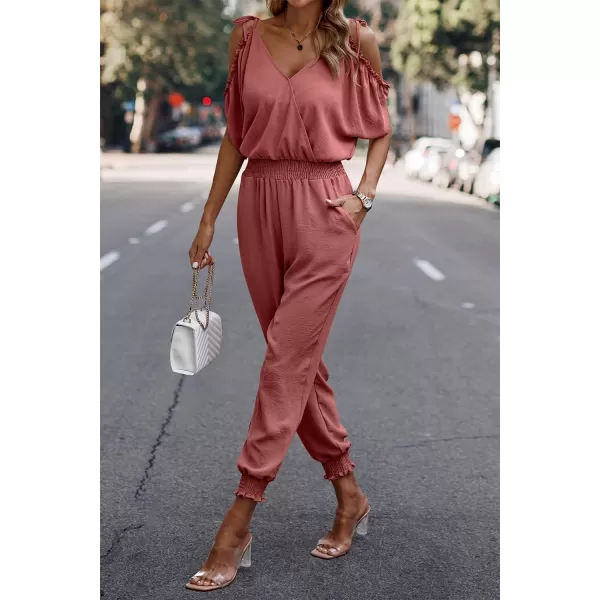 imagePRETTYGARDEN Jumpsuit for Women Casual Wrap V Neck Cold Shoulder One Piece Outfits Pants RomperBrick Red