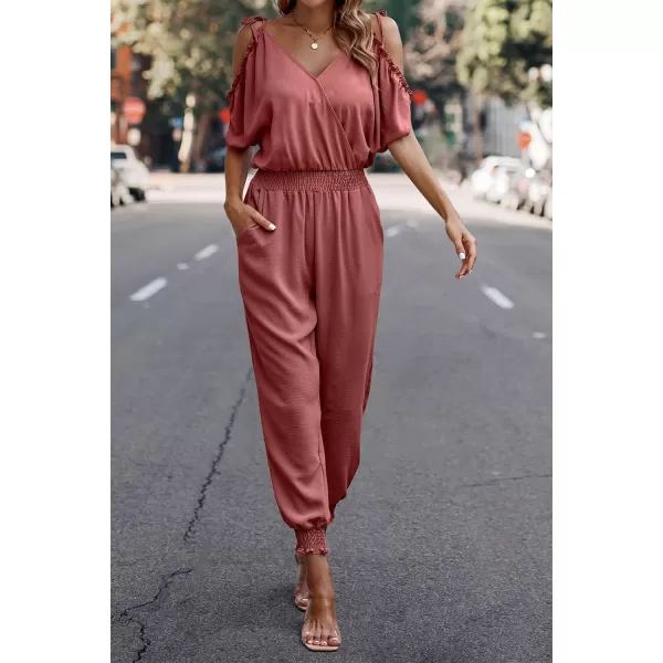 imagePRETTYGARDEN Jumpsuit for Women Casual Wrap V Neck Cold Shoulder One Piece Outfits Pants RomperBrick Red