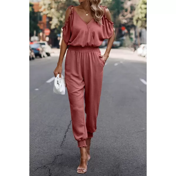 imagePRETTYGARDEN Jumpsuit for Women Casual Wrap V Neck Cold Shoulder One Piece Outfits Pants RomperBrick Red