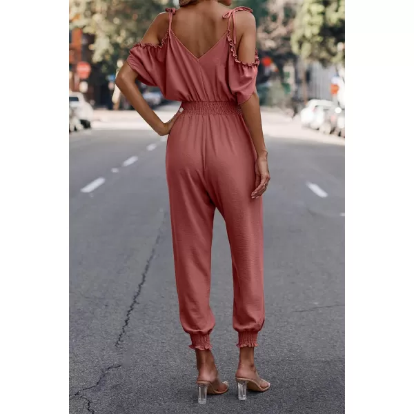 imagePRETTYGARDEN Jumpsuit for Women Casual Wrap V Neck Cold Shoulder One Piece Outfits Pants RomperBrick Red
