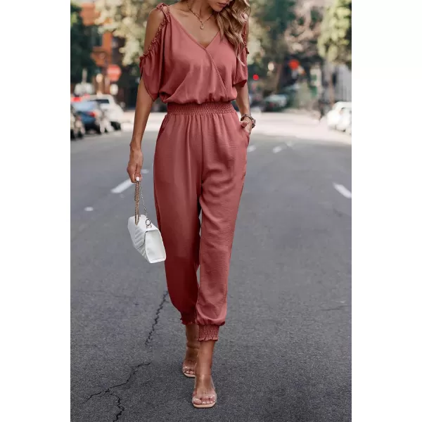 imagePRETTYGARDEN Jumpsuit for Women Casual Wrap V Neck Cold Shoulder One Piece Outfits Pants RomperBrick Red