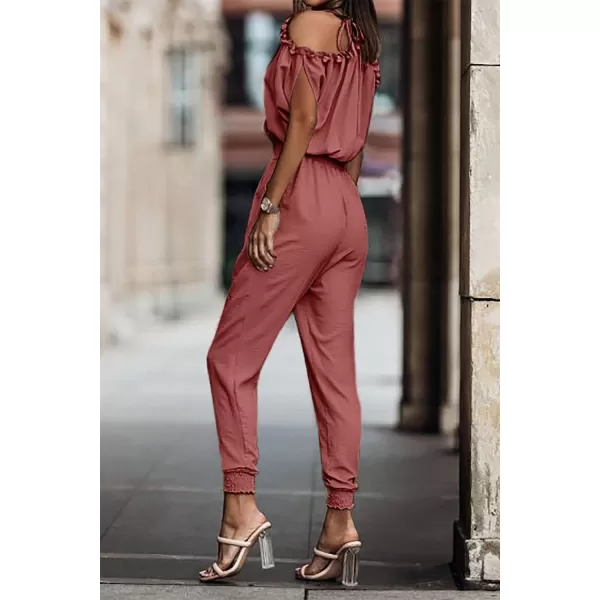 imagePRETTYGARDEN Jumpsuit for Women Casual Wrap V Neck Cold Shoulder One Piece Outfits Pants RomperBrick Red