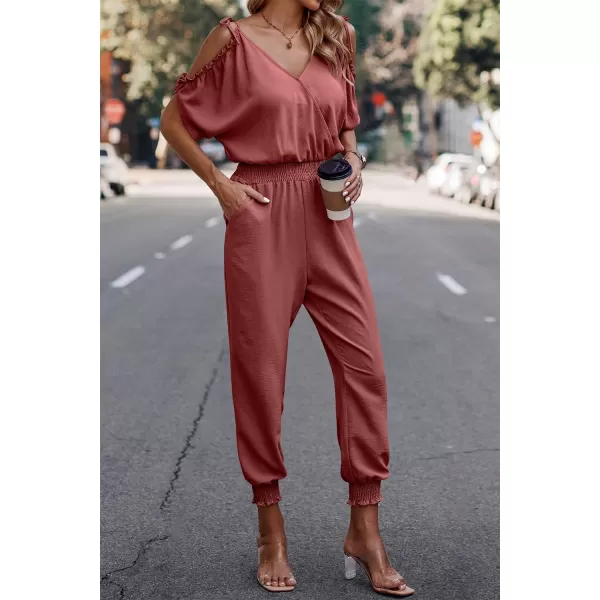 imagePRETTYGARDEN Jumpsuit for Women Casual Wrap V Neck Cold Shoulder One Piece Outfits Pants RomperBrick Red