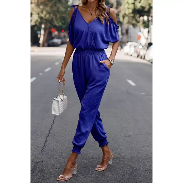 imagePRETTYGARDEN Jumpsuit for Women Casual Wrap V Neck Cold Shoulder One Piece Outfits Pants RomperBright Blue