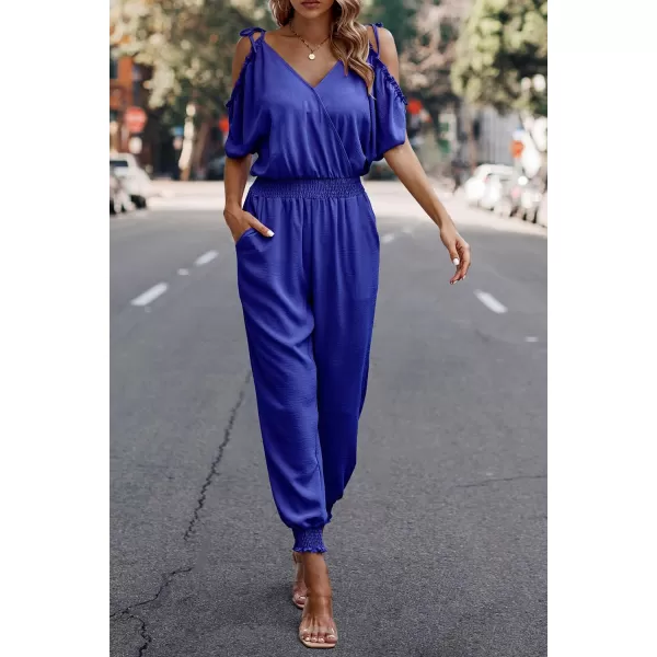 imagePRETTYGARDEN Jumpsuit for Women Casual Wrap V Neck Cold Shoulder One Piece Outfits Pants RomperBright Blue