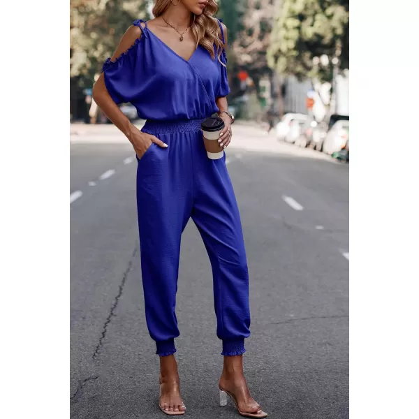 imagePRETTYGARDEN Jumpsuit for Women Casual Wrap V Neck Cold Shoulder One Piece Outfits Pants RomperBright Blue