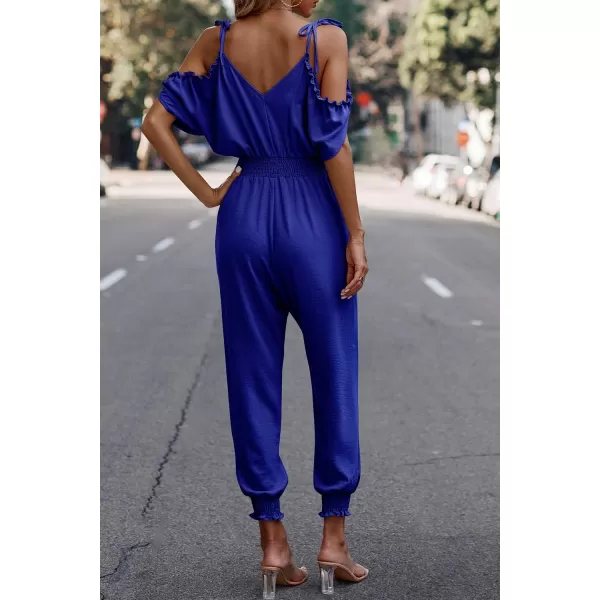 imagePRETTYGARDEN Jumpsuit for Women Casual Wrap V Neck Cold Shoulder One Piece Outfits Pants RomperBright Blue