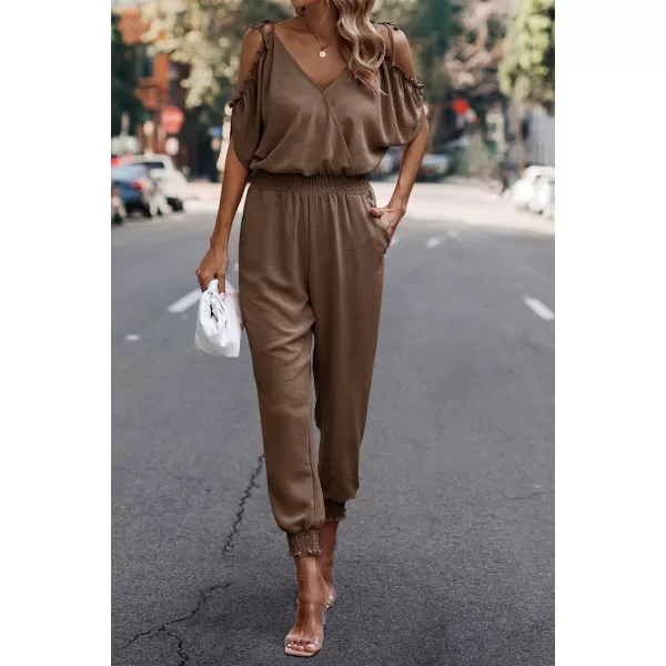 imagePRETTYGARDEN Jumpsuit for Women Casual Wrap V Neck Cold Shoulder One Piece Outfits Pants RomperBrown