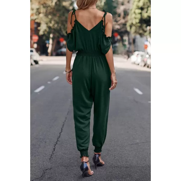imagePRETTYGARDEN Jumpsuit for Women Casual Wrap V Neck Cold Shoulder One Piece Outfits Pants RomperDark Green