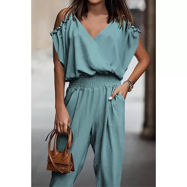 imagePRETTYGARDEN Jumpsuit for Women Casual Wrap V Neck Cold Shoulder One Piece Outfits Pants RomperFruit Green