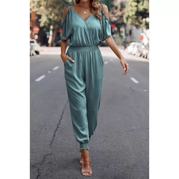 imagePRETTYGARDEN Jumpsuit for Women Casual Wrap V Neck Cold Shoulder One Piece Outfits Pants RomperFruit Green