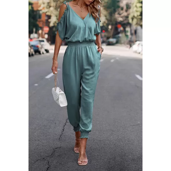 imagePRETTYGARDEN Jumpsuit for Women Casual Wrap V Neck Cold Shoulder One Piece Outfits Pants RomperFruit Green
