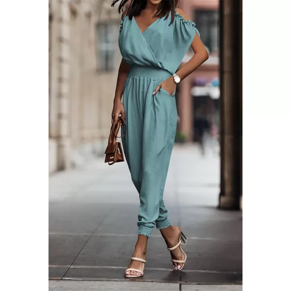 imagePRETTYGARDEN Jumpsuit for Women Casual Wrap V Neck Cold Shoulder One Piece Outfits Pants RomperFruit Green