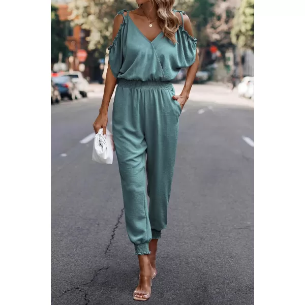 imagePRETTYGARDEN Jumpsuit for Women Casual Wrap V Neck Cold Shoulder One Piece Outfits Pants RomperFruit Green