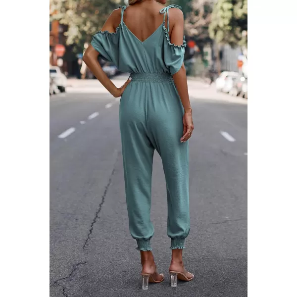 imagePRETTYGARDEN Jumpsuit for Women Casual Wrap V Neck Cold Shoulder One Piece Outfits Pants RomperFruit Green