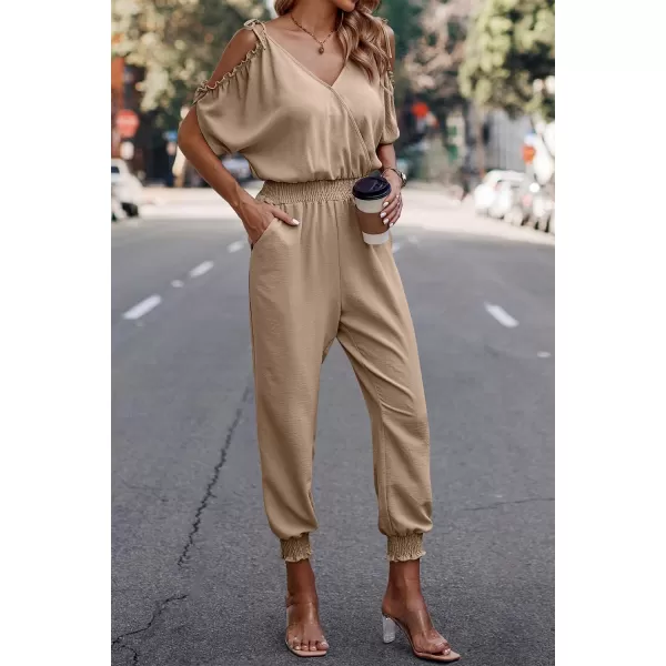 imagePRETTYGARDEN Jumpsuit for Women Casual Wrap V Neck Cold Shoulder One Piece Outfits Pants RomperKhaki