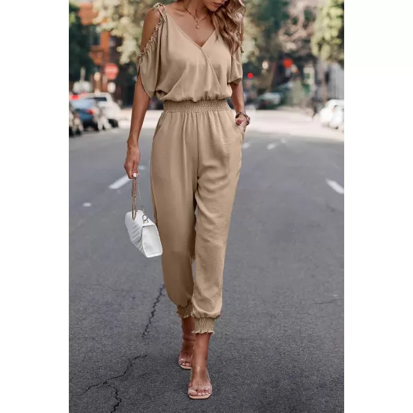 imagePRETTYGARDEN Jumpsuit for Women Casual Wrap V Neck Cold Shoulder One Piece Outfits Pants RomperKhaki