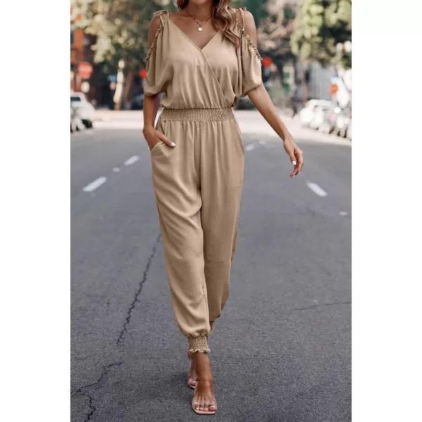 imagePRETTYGARDEN Jumpsuit for Women Casual Wrap V Neck Cold Shoulder One Piece Outfits Pants RomperKhaki