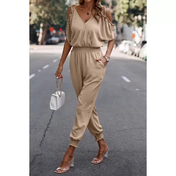imagePRETTYGARDEN Jumpsuit for Women Casual Wrap V Neck Cold Shoulder One Piece Outfits Pants RomperKhaki