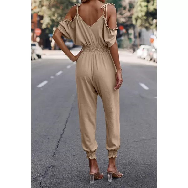 imagePRETTYGARDEN Jumpsuit for Women Casual Wrap V Neck Cold Shoulder One Piece Outfits Pants RomperKhaki