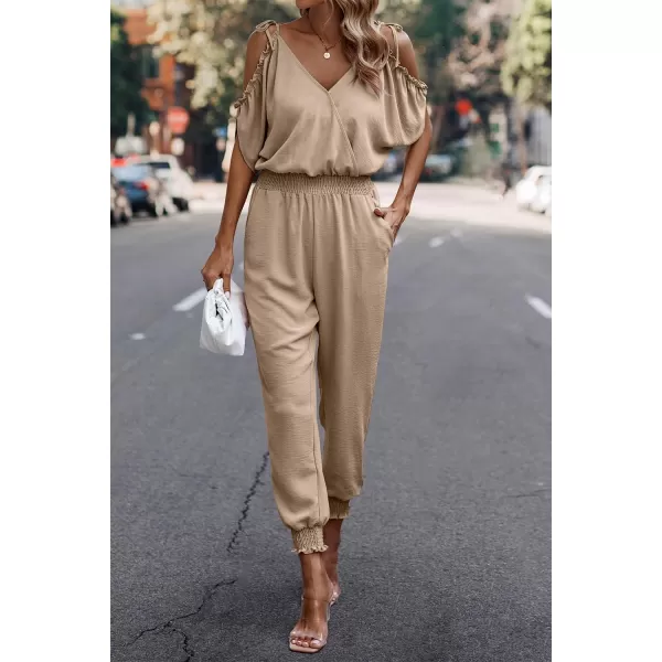 imagePRETTYGARDEN Jumpsuit for Women Casual Wrap V Neck Cold Shoulder One Piece Outfits Pants RomperKhaki