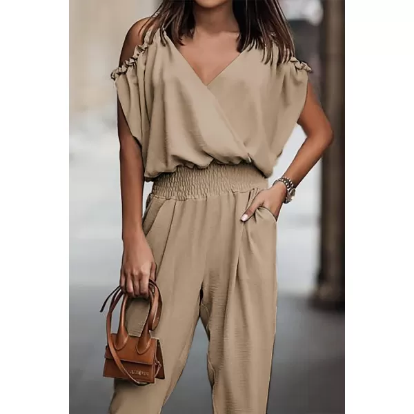 imagePRETTYGARDEN Jumpsuit for Women Casual Wrap V Neck Cold Shoulder One Piece Outfits Pants RomperKhaki