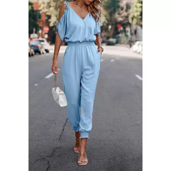 imagePRETTYGARDEN Jumpsuit for Women Casual Wrap V Neck Cold Shoulder One Piece Outfits Pants RomperLight Blue