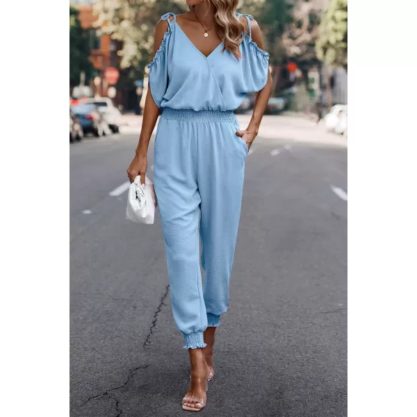 imagePRETTYGARDEN Jumpsuit for Women Casual Wrap V Neck Cold Shoulder One Piece Outfits Pants RomperLight Blue