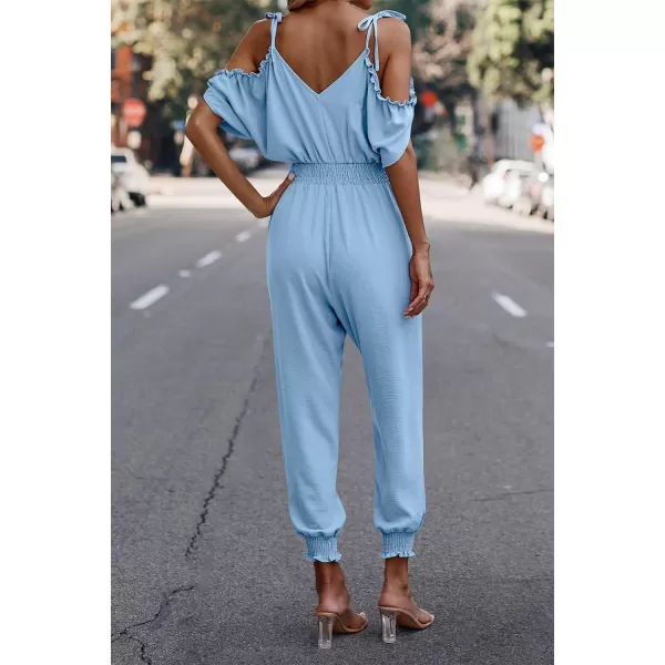imagePRETTYGARDEN Jumpsuit for Women Casual Wrap V Neck Cold Shoulder One Piece Outfits Pants RomperLight Blue