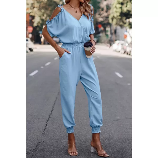 imagePRETTYGARDEN Jumpsuit for Women Casual Wrap V Neck Cold Shoulder One Piece Outfits Pants RomperLight Blue