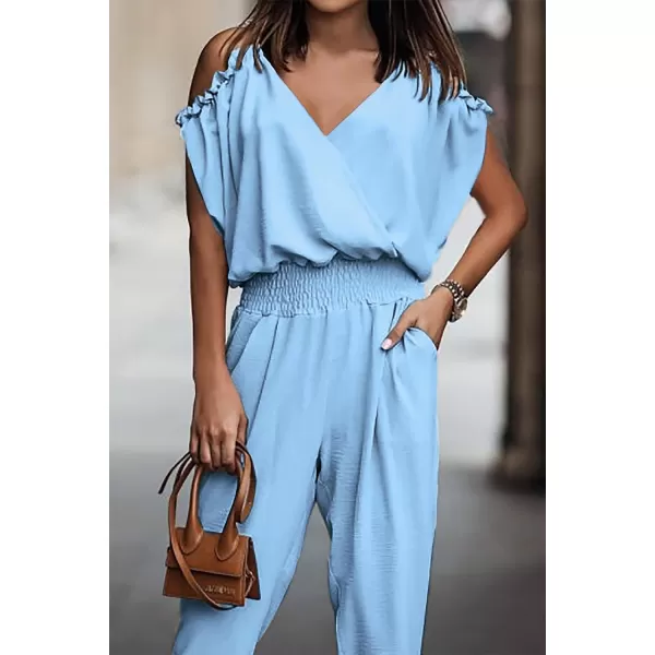 imagePRETTYGARDEN Jumpsuit for Women Casual Wrap V Neck Cold Shoulder One Piece Outfits Pants RomperLight Blue