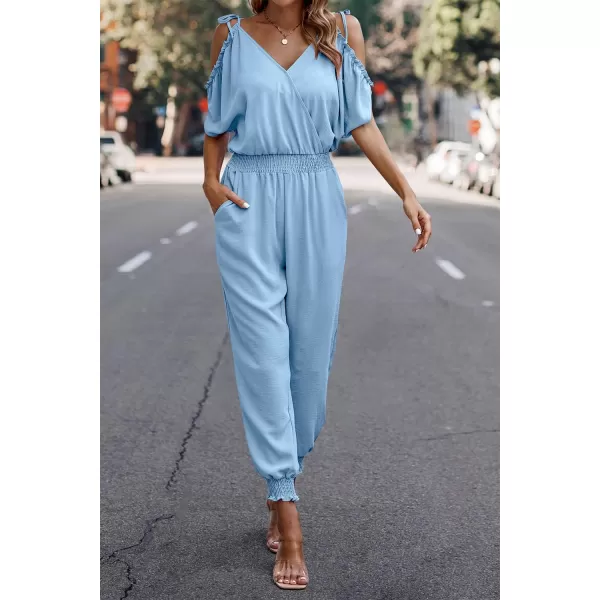 imagePRETTYGARDEN Jumpsuit for Women Casual Wrap V Neck Cold Shoulder One Piece Outfits Pants RomperLight Blue