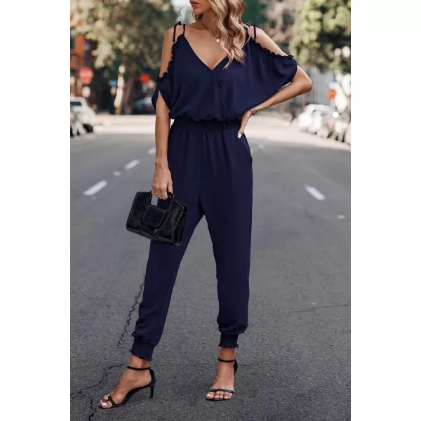 imagePRETTYGARDEN Jumpsuit for Women Casual Wrap V Neck Cold Shoulder One Piece Outfits Pants RomperNavy