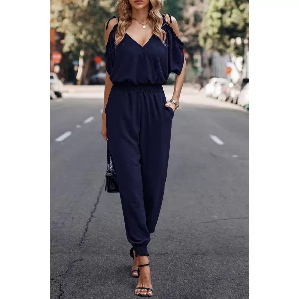 imagePRETTYGARDEN Jumpsuit for Women Casual Wrap V Neck Cold Shoulder One Piece Outfits Pants RomperNavy
