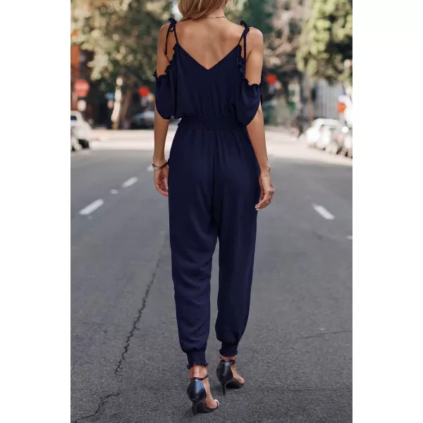 imagePRETTYGARDEN Jumpsuit for Women Casual Wrap V Neck Cold Shoulder One Piece Outfits Pants RomperNavy