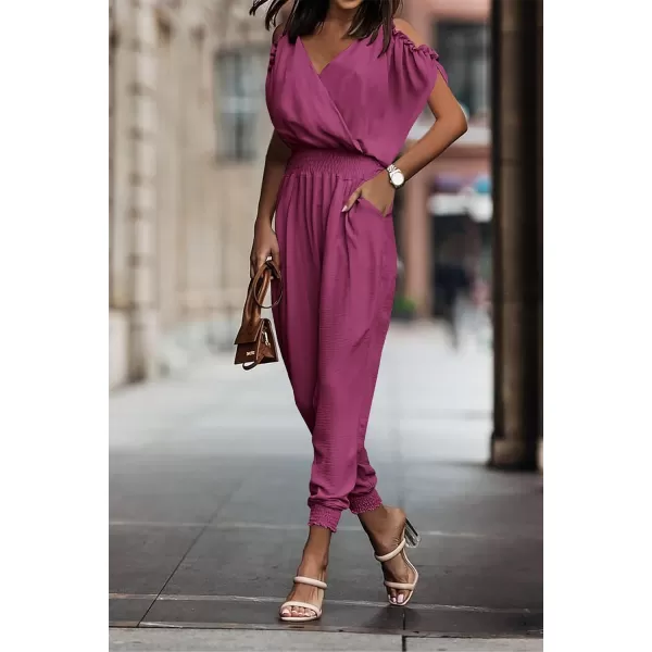 imagePRETTYGARDEN Jumpsuit for Women Casual Wrap V Neck Cold Shoulder One Piece Outfits Pants RomperPink Purple