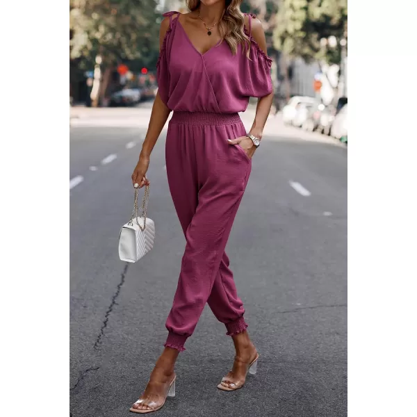 imagePRETTYGARDEN Jumpsuit for Women Casual Wrap V Neck Cold Shoulder One Piece Outfits Pants RomperPink Purple