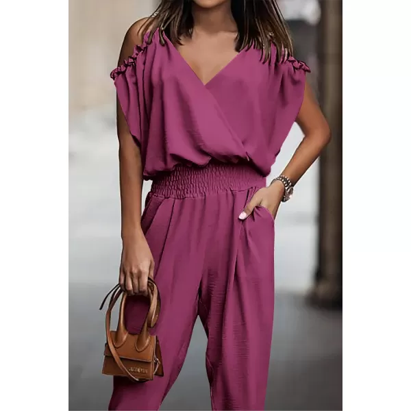 imagePRETTYGARDEN Jumpsuit for Women Casual Wrap V Neck Cold Shoulder One Piece Outfits Pants RomperPink Purple