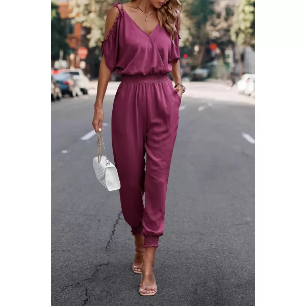 imagePRETTYGARDEN Jumpsuit for Women Casual Wrap V Neck Cold Shoulder One Piece Outfits Pants RomperPink Purple