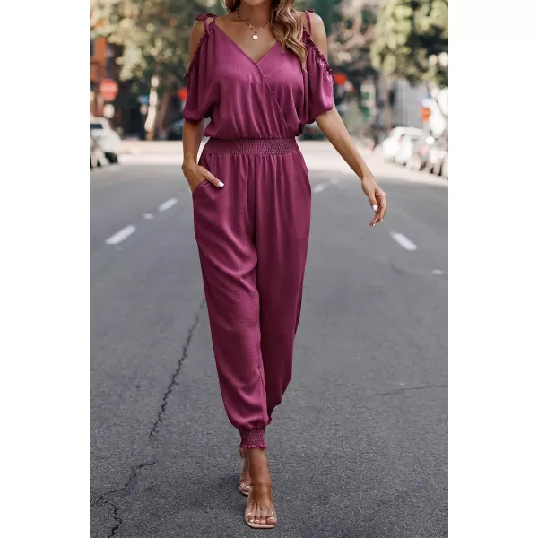 imagePRETTYGARDEN Jumpsuit for Women Casual Wrap V Neck Cold Shoulder One Piece Outfits Pants RomperPink Purple