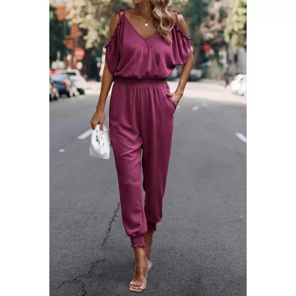 imagePRETTYGARDEN Jumpsuit for Women Casual Wrap V Neck Cold Shoulder One Piece Outfits Pants RomperPink Purple