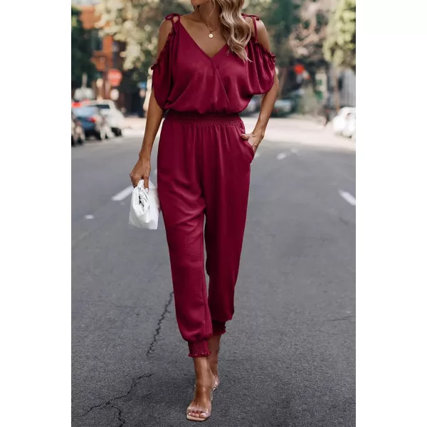 imagePRETTYGARDEN Jumpsuit for Women Casual Wrap V Neck Cold Shoulder One Piece Outfits Pants RomperRed