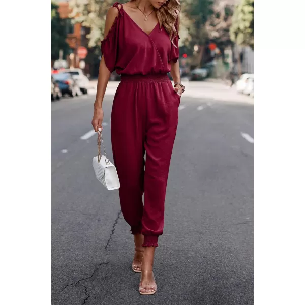imagePRETTYGARDEN Jumpsuit for Women Casual Wrap V Neck Cold Shoulder One Piece Outfits Pants RomperRed
