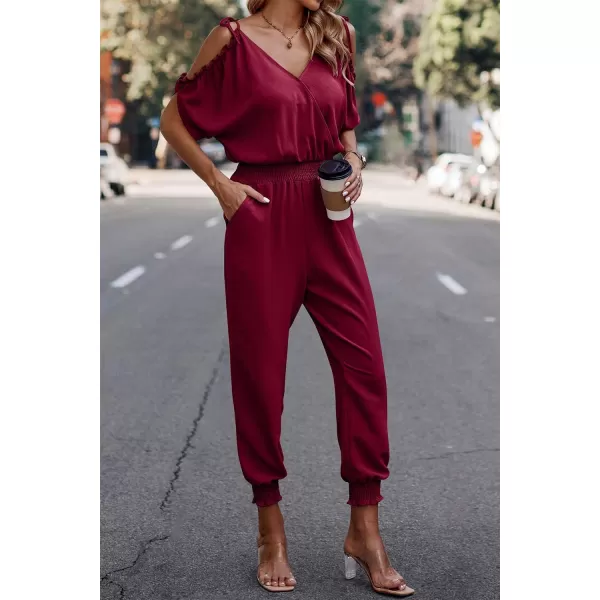 imagePRETTYGARDEN Jumpsuit for Women Casual Wrap V Neck Cold Shoulder One Piece Outfits Pants RomperRed