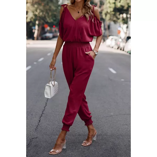 imagePRETTYGARDEN Jumpsuit for Women Casual Wrap V Neck Cold Shoulder One Piece Outfits Pants RomperRed