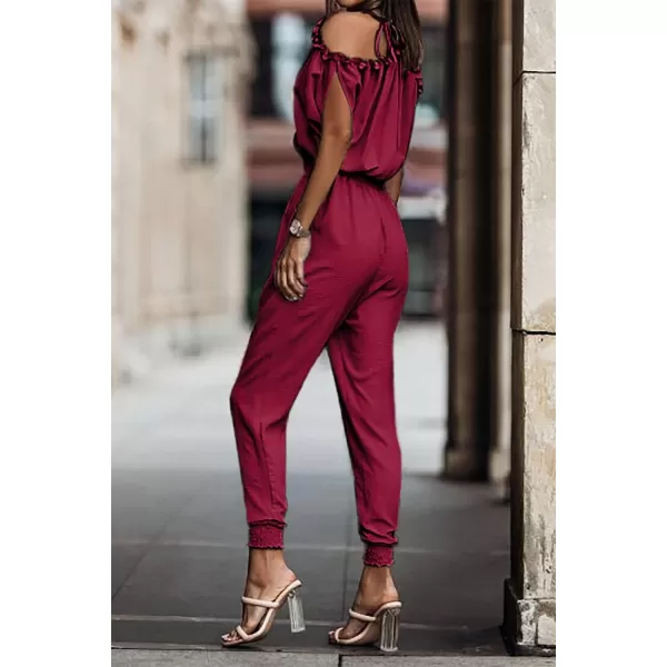 imagePRETTYGARDEN Jumpsuit for Women Casual Wrap V Neck Cold Shoulder One Piece Outfits Pants RomperRed