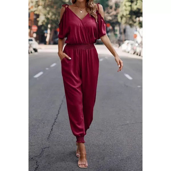 imagePRETTYGARDEN Jumpsuit for Women Casual Wrap V Neck Cold Shoulder One Piece Outfits Pants RomperRed